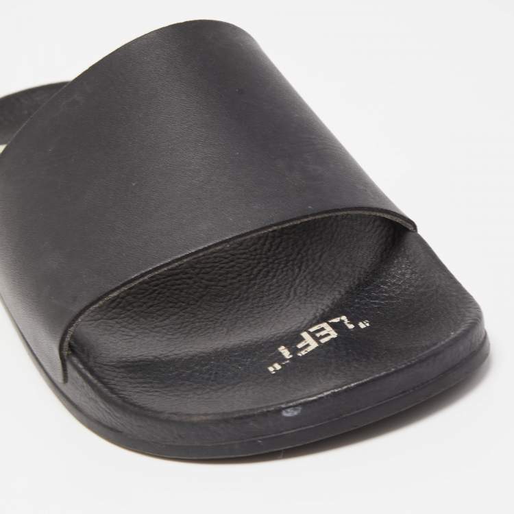 Pre Owned Off-White Black Leather Printed Flat Slides Size 40