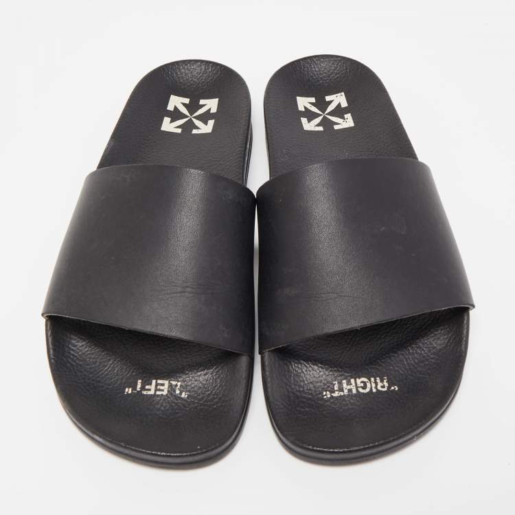 Pre Owned Off-White Black Leather Printed Flat Slides Size 40