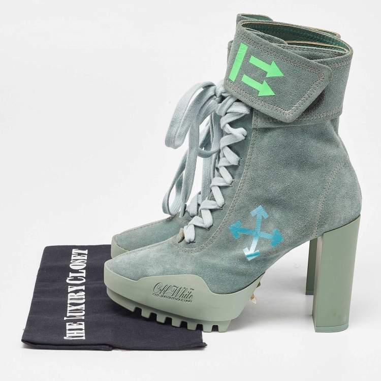 Pre Owned Off-White Light Green Suede Moto Wrap Ankle Booties Size 38