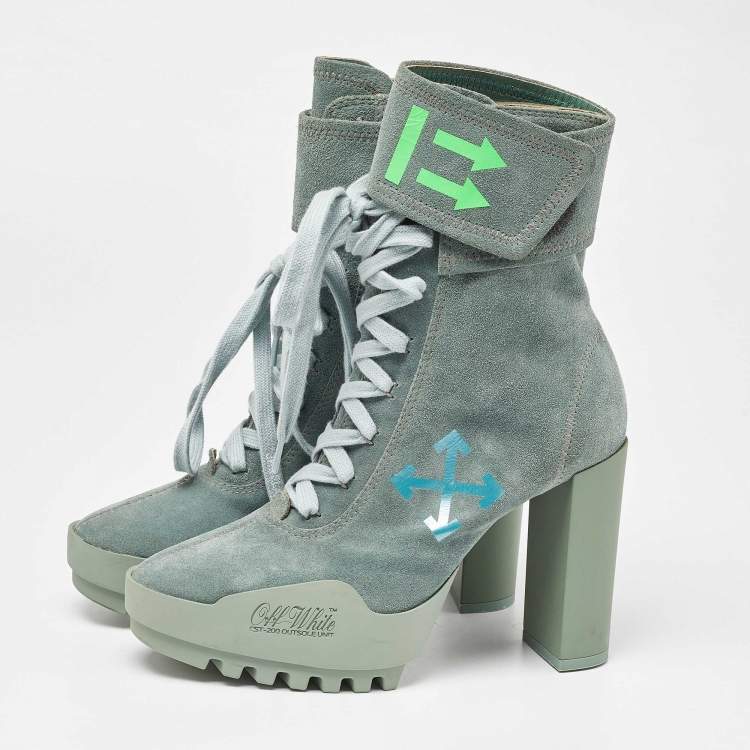 Pre Owned Off-White Light Green Suede Moto Wrap Ankle Booties Size 38