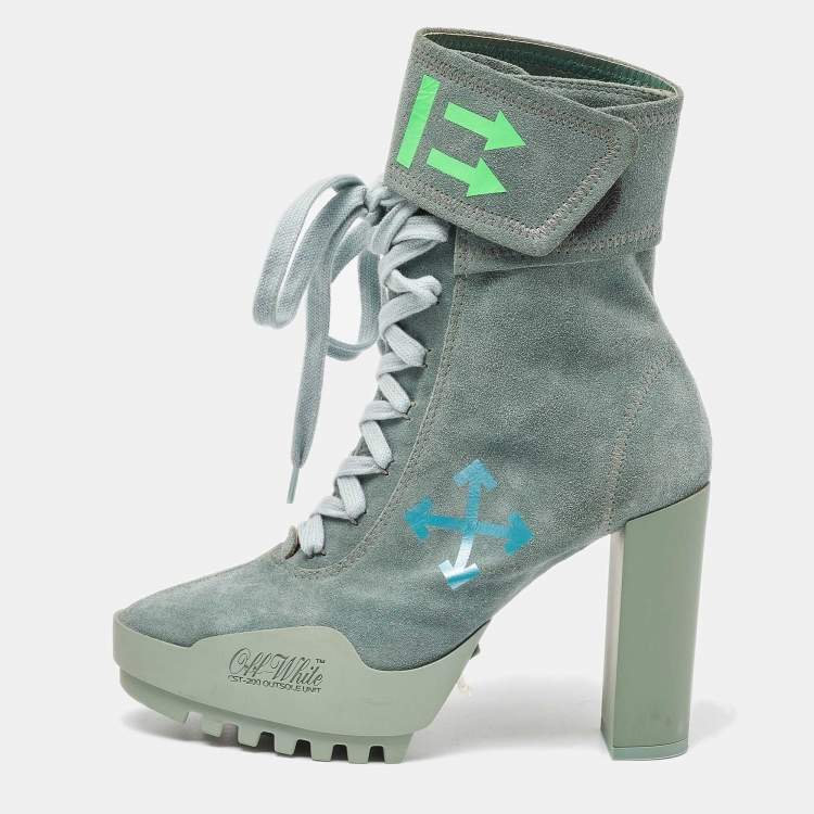 Pre Owned Off-White Light Green Suede Moto Wrap Ankle Booties Size 38
