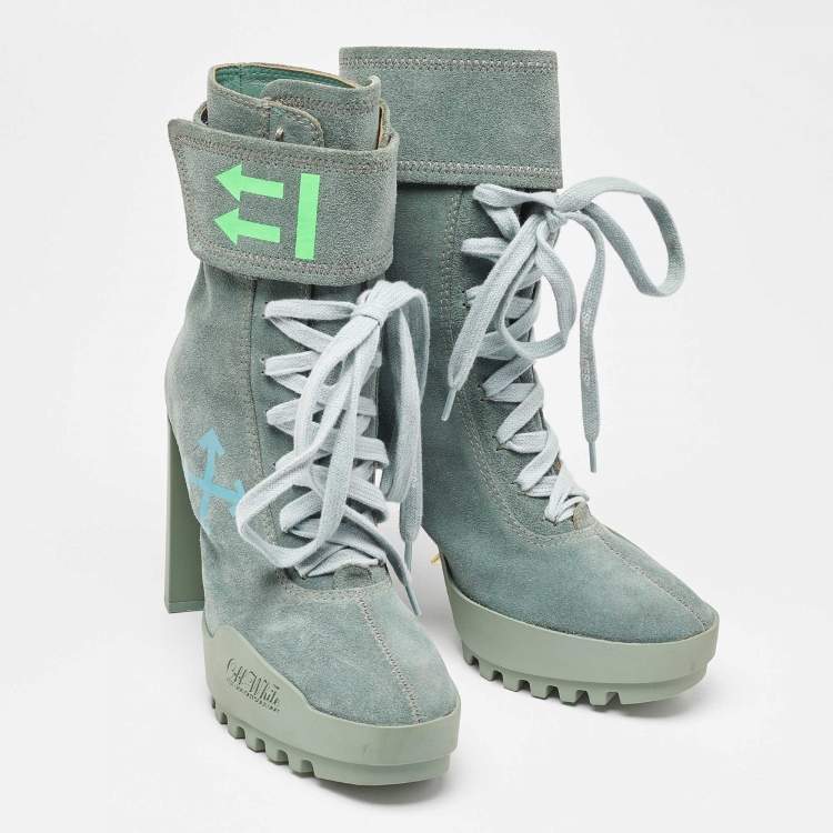 Pre Owned Off-White Light Green Suede Moto Wrap Ankle Booties Size 38