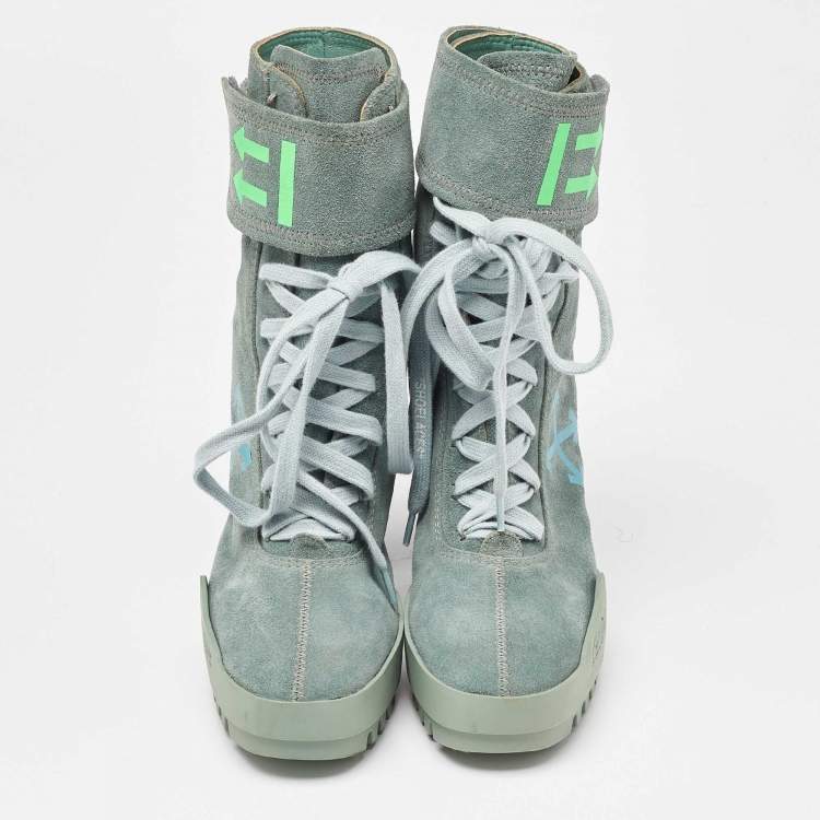 Pre Owned Off-White Light Green Suede Moto Wrap Ankle Booties Size 38