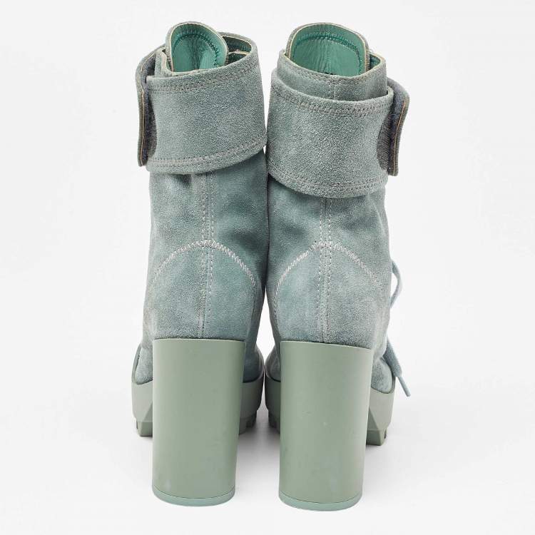 Pre Owned Off-White Light Green Suede Moto Wrap Ankle Booties Size 38