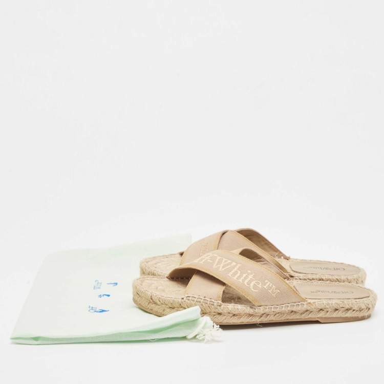 Pre Owned Off-White Beige Logo Embroidered Canvas Flat Espadrille Slides Size 39