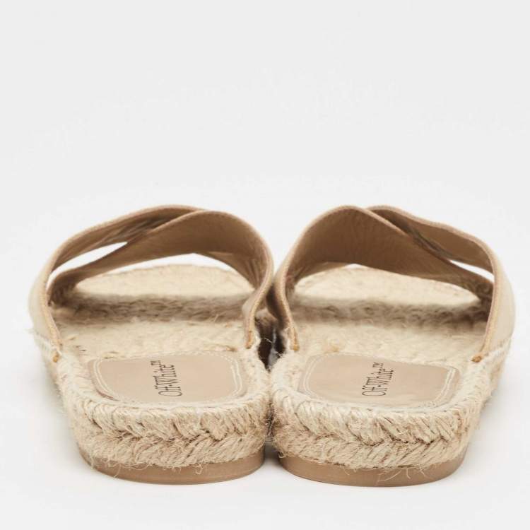 Pre Owned Off-White Beige Logo Embroidered Canvas Flat Espadrille Slides Size 39