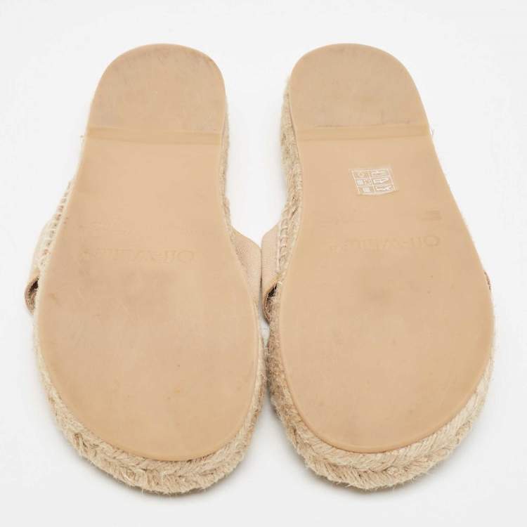 Pre Owned Off-White Beige Logo Embroidered Canvas Flat Espadrille Slides Size 39