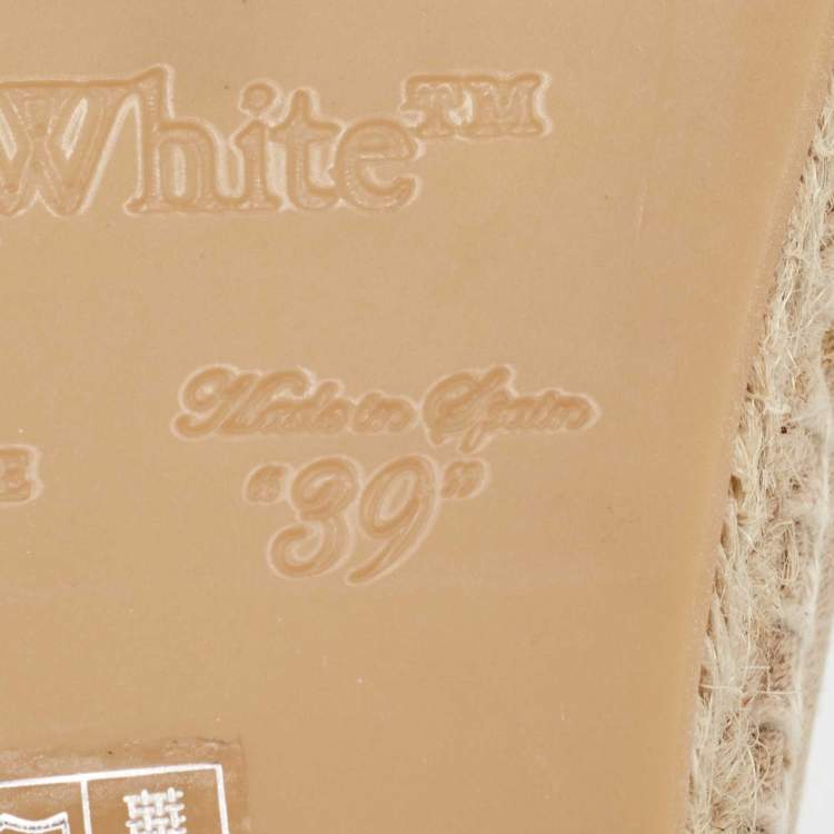 Pre Owned Off-White Beige Logo Embroidered Canvas Flat Espadrille Slides Size 39