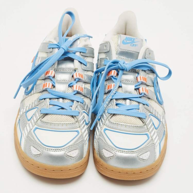 Pre Owned Off-White x Nike Silver/White Leather and Mesh Air Dunk UNC Sneakers Size 39