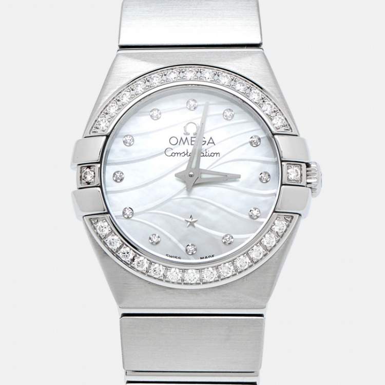 Pre Owned Omega White Mother Of Pearl Diamond Stainless Steel Constellation 123.15.24.60.55.006 Quartz Women's Wristwatch 24 mm