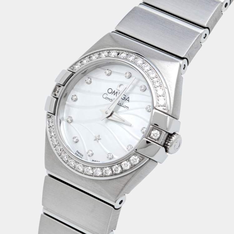 Pre Owned Omega White Mother Of Pearl Diamond Stainless Steel Constellation 123.15.24.60.55.006 Quartz Women's Wristwatch 24 mm