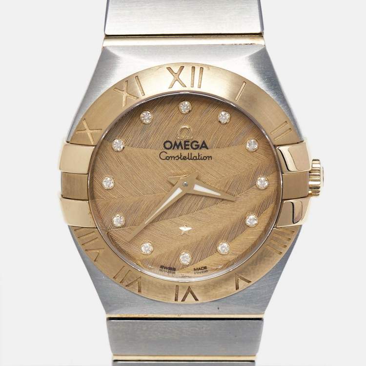 Pre Owned Omega Champagne Diamond 18k Yellow Gold Stainless Steel Constellation 123.20.27.60.58.003 Women's Wristwatch 27 mm