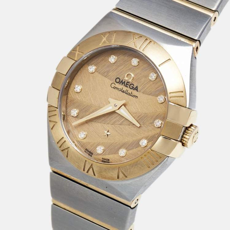 Pre Owned Omega Champagne Diamond 18k Yellow Gold Stainless Steel Constellation 123.20.27.60.58.003 Women's Wristwatch 27 mm