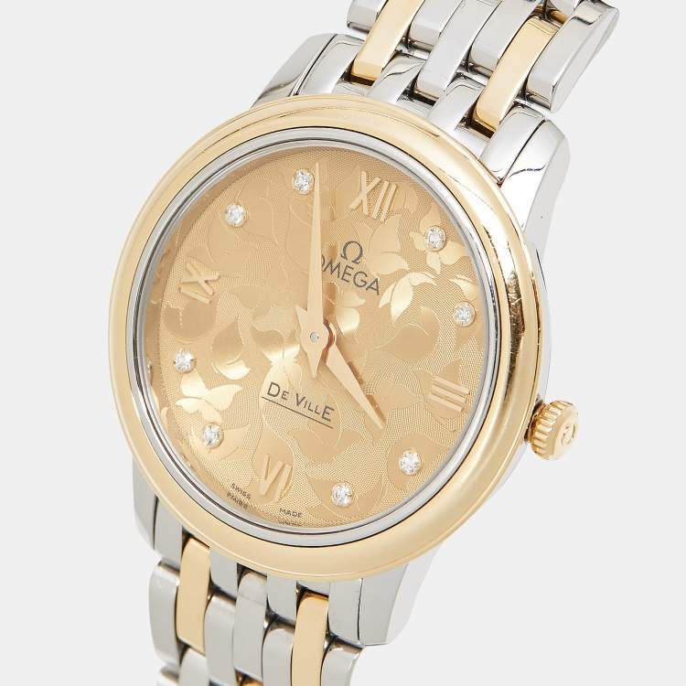 Pre Owned Omega Champagne Diamond 18K Yellow Gold Stainless Steel De Ville Prestige 424.20.27.60.58.002 Women's Wristwatch 27.40 mm