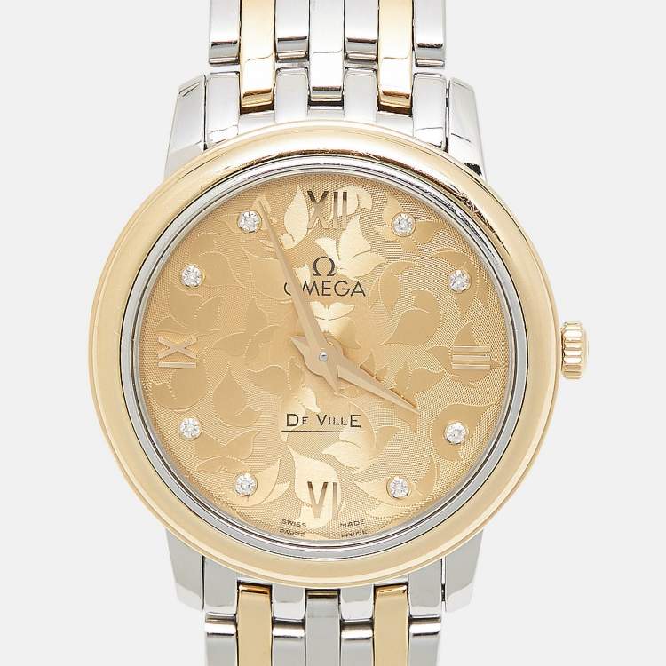 Pre Owned Omega Champagne Diamond 18K Yellow Gold Stainless Steel De Ville Prestige 424.20.27.60.58.002 Women's Wristwatch 27.40 mm