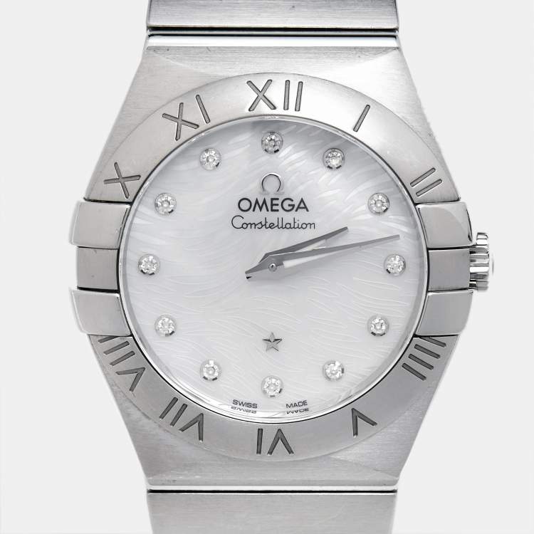 Pre Owned Omega Mother Of Pearl Diamond Stainless Steel Constellation 123.10.27.60.55.004 Women's Wristwatch 27 mm