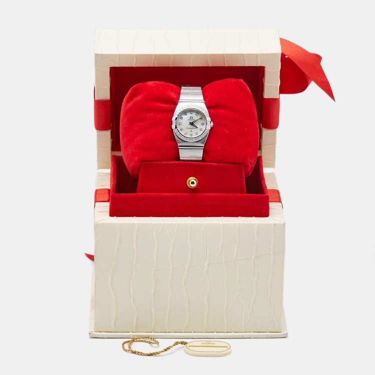 مملوكة مسبقًا Omega Mother Of Pearl Stainless Steel Diamond Constellation Double Eagle 1589.75.00 Women's Wristwatch 24 mm