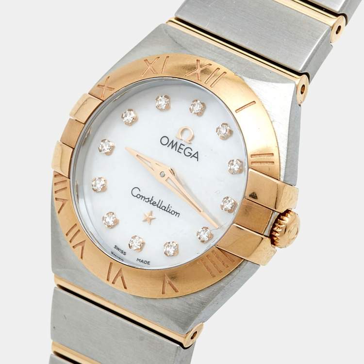 Pre Owned Omega Mother of Pearl 18K Rose Gold & Stainless Steel Diamond Constellation 123.20.24.60.55.001 Women's Wristwatch 24 mm