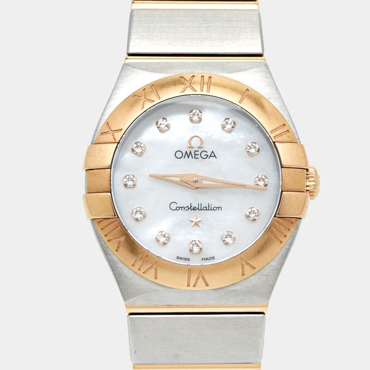 Pre Owned Omega Mother of Pearl 18K Rose Gold & Stainless Steel Diamond Constellation 123.20.24.60.55.001 Women's Wristwatch 24 mm