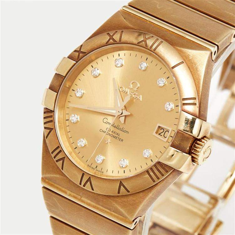 Pre Owned Omega Champagne Diamond 18K Yellow Gold Constellation 123.50.35.20.58.001 Women's Wristwatch 35 mm