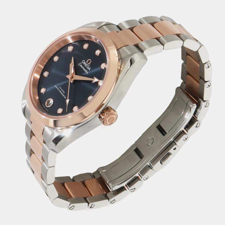 Pre Owned Omega Seamaster Aqua Terra 220.20.34.20.53.001 Automatic Blue 18k Rose Gold Stainless Steel Women's Wristwatch 34 mm