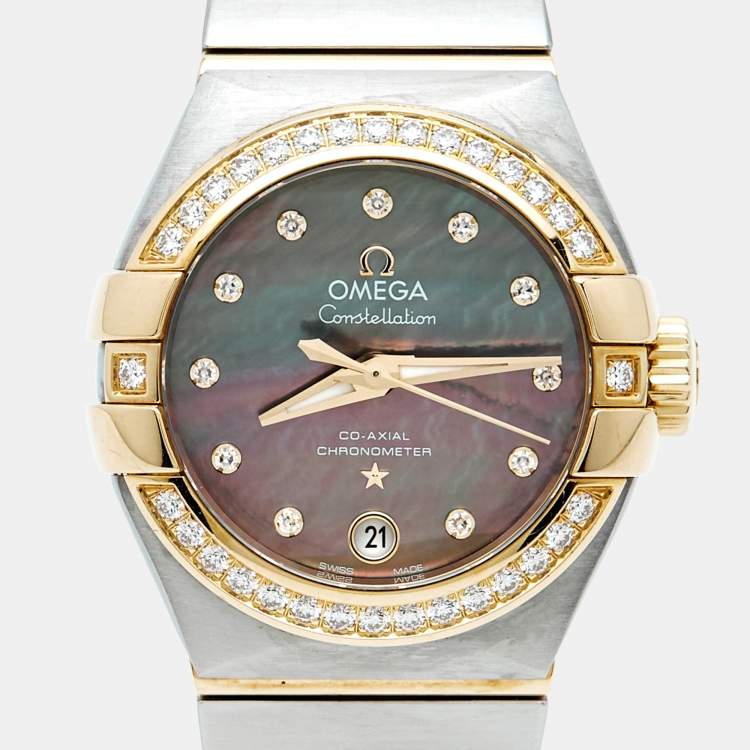 Pre Owned Omega Constellation 123.28.27.20.57.007 Tahiti Grey Mother Of Pearl Diamond Stainless Steel Women's Wristwatch 27 mm