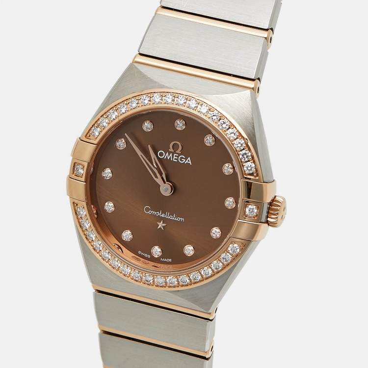 Pre Owned Omega Brown Diamond 18k Rose Gold Stainless Steel Constellation 131.25.28.60.63.001 Women's Wristwatch 28 mm 