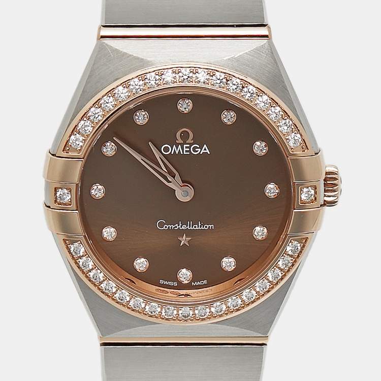 Pre Owned Omega Brown Diamond 18k Rose Gold Stainless Steel Constellation 131.25.28.60.63.001 Women's Wristwatch 28 mm 