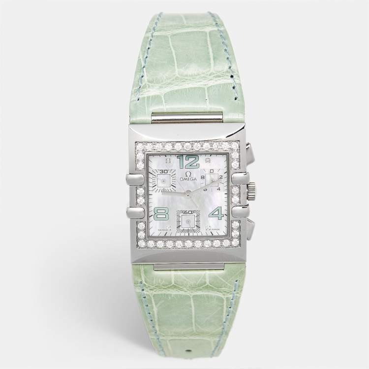 Pre Owned Omega Constellation 1847.74.41 Mother Of Pearl Diamond Stainless Steel Alligator Leather Women's Wristwatch 28 mm