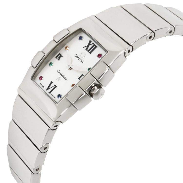 Pre Owned Omega White Stainless Steel Sapphire Quadrella 1584.79.00 Women's Wristwatch 19MM