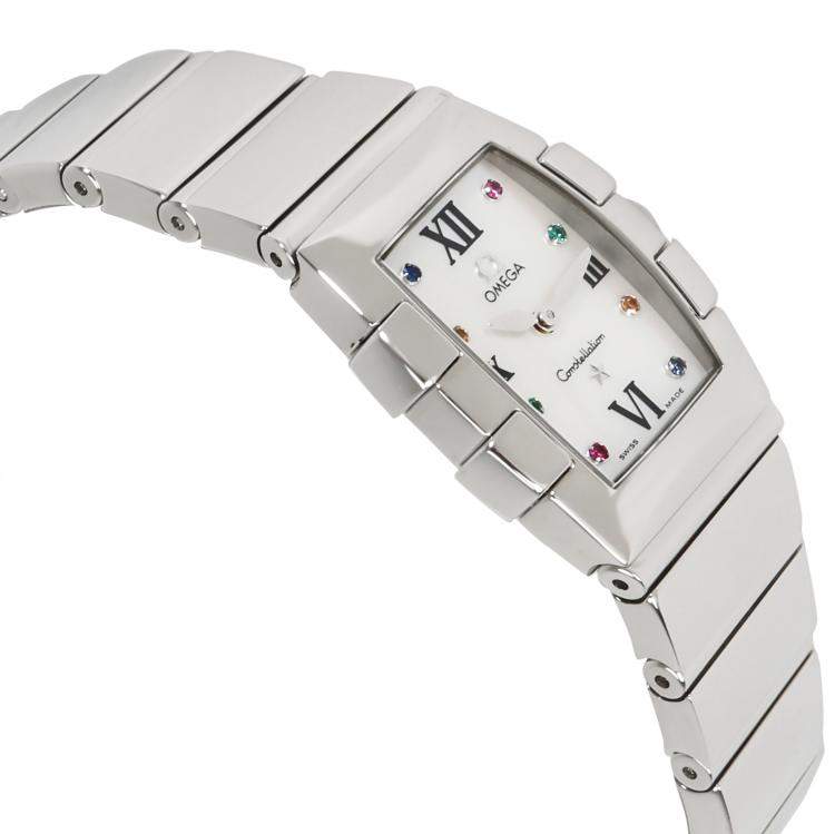 Pre Owned Omega White Stainless Steel Sapphire Quadrella 1584.79.00 Women's Wristwatch 19MM