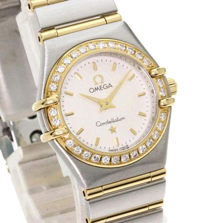Pre Owned Omega White Diamonds 18K Yellow Gold And Stainless Steel Constellation Quartz Women's Wristwatch 23 MM