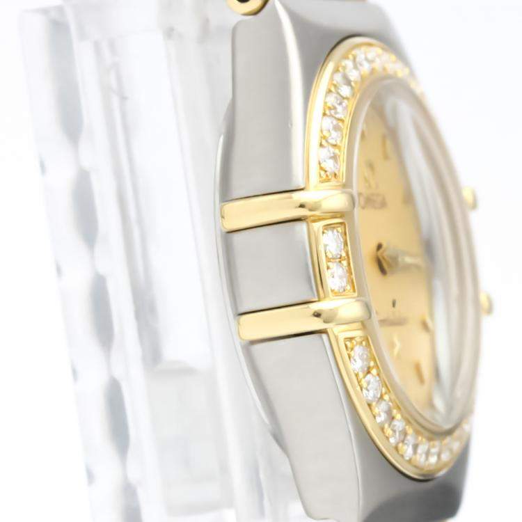 Pre Owned Omega Champagne Diamonds 18K Yellow Gold And Stainless Steel Constellation 1367.10 Women's Wristwatch 22 MM