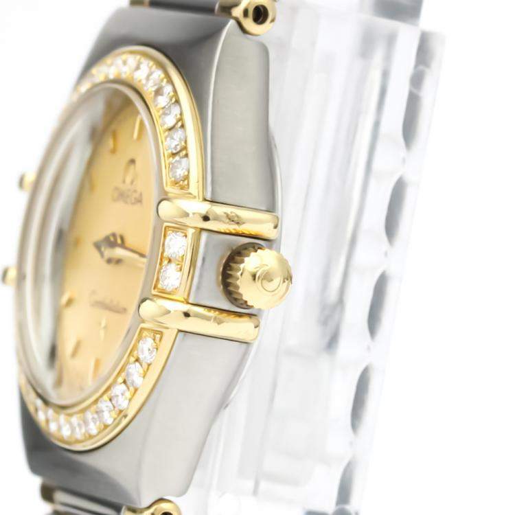 Pre Owned Omega Champagne Diamonds 18K Yellow Gold And Stainless Steel Constellation 1367.10 Women's Wristwatch 22 MM