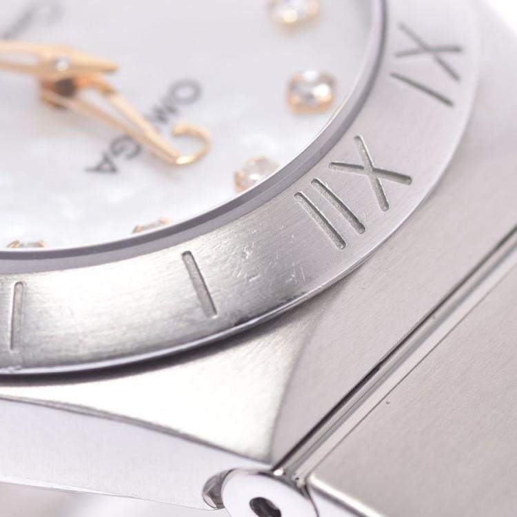 Pre Owned Omega MOP Diamonds 18k Yellow Gold And Stainless Steel Constellation 123.20.24.60.55.006 Women's Wristwatch 24 MM