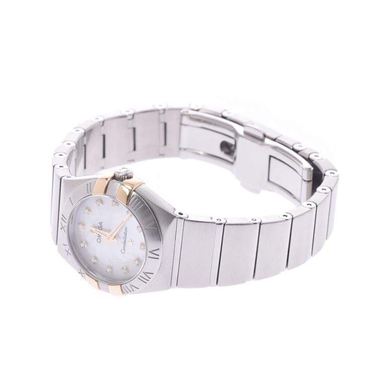Pre Owned Omega MOP Diamonds 18k Yellow Gold And Stainless Steel Constellation 123.20.24.60.55.006 Women's Wristwatch 24 MM