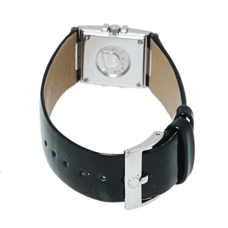 Pre Owned Omega Black Stainless Steel Patent Leather Diamond Constellation Quadra 895.1230 Women's Wristwatch 19 mm