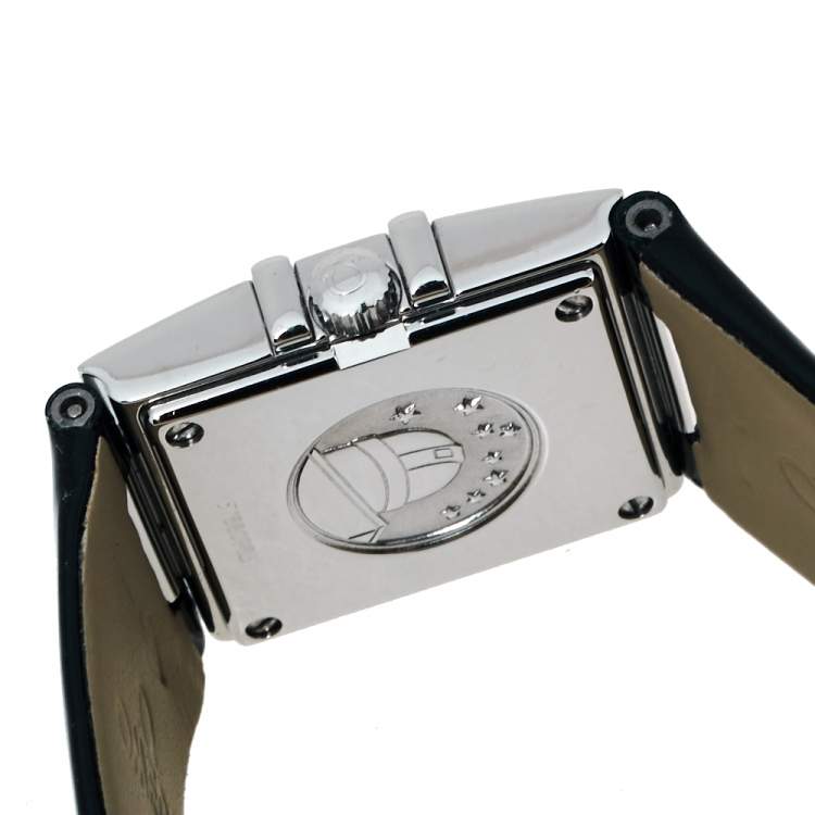 Pre Owned Omega Black Stainless Steel Patent Leather Diamond Constellation Quadra 895.1230 Women's Wristwatch 19 mm