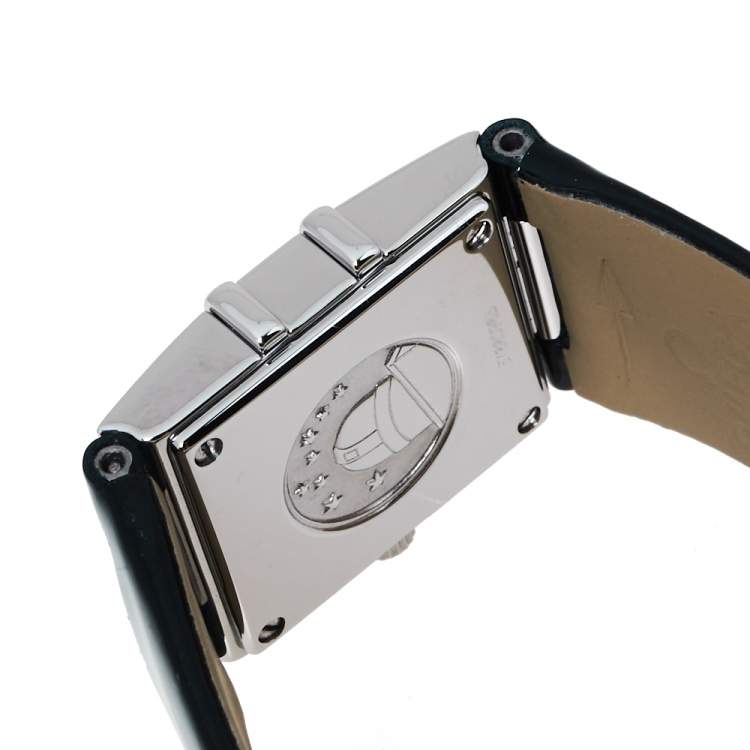 Pre Owned Omega Black Stainless Steel Patent Leather Diamond Constellation Quadra 895.1230 Women's Wristwatch 19 mm