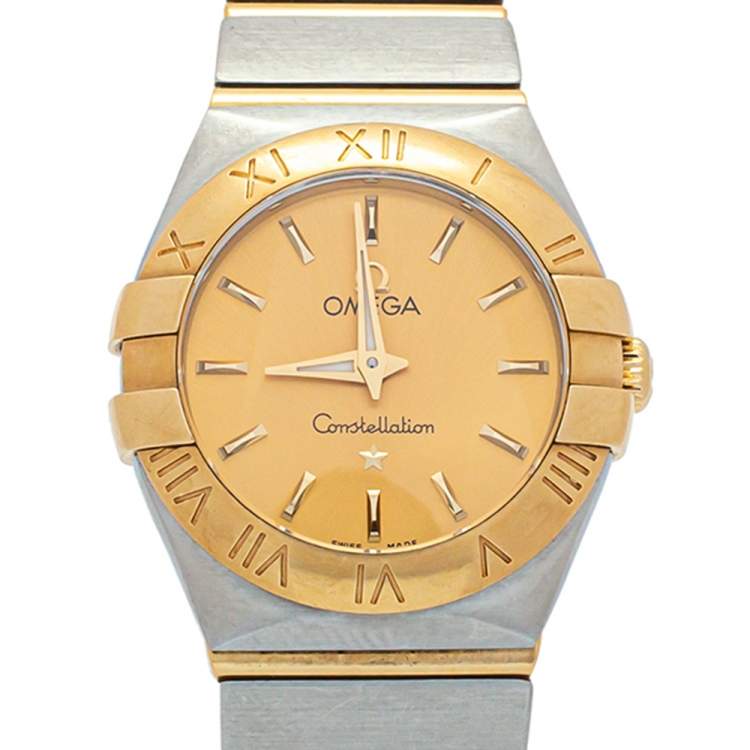 Pre Owned Omega Champagne 18K Yellow Gold Stainless Steel Constellation Women's Wristwatch 24 mm