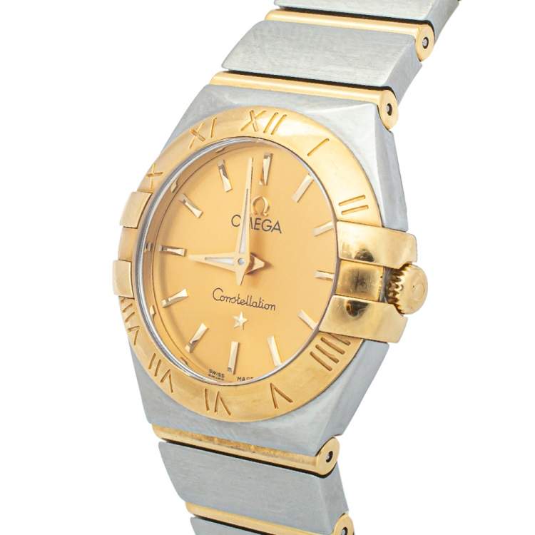 Pre Owned Omega Champagne 18K Yellow Gold Stainless Steel Constellation Women's Wristwatch 24 mm