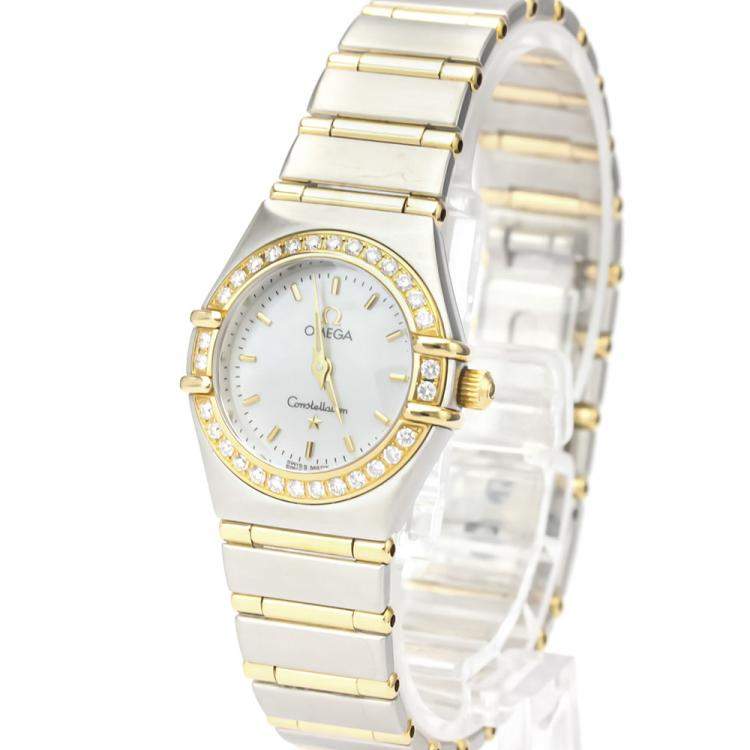 Pre Owned Omega MOP Diamonds 18K Yellow Gold And Stainless Steel Constellation 1267.70 Quartz Women's Wristwatch 22 MM