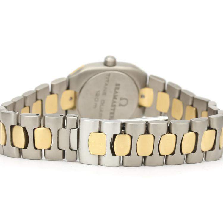 Pre Owned Omega Grey Diamonds 18K Yellow Gold And Titanium Seamaster 895.0845 Quartz Women's Wristwatch 22 MM