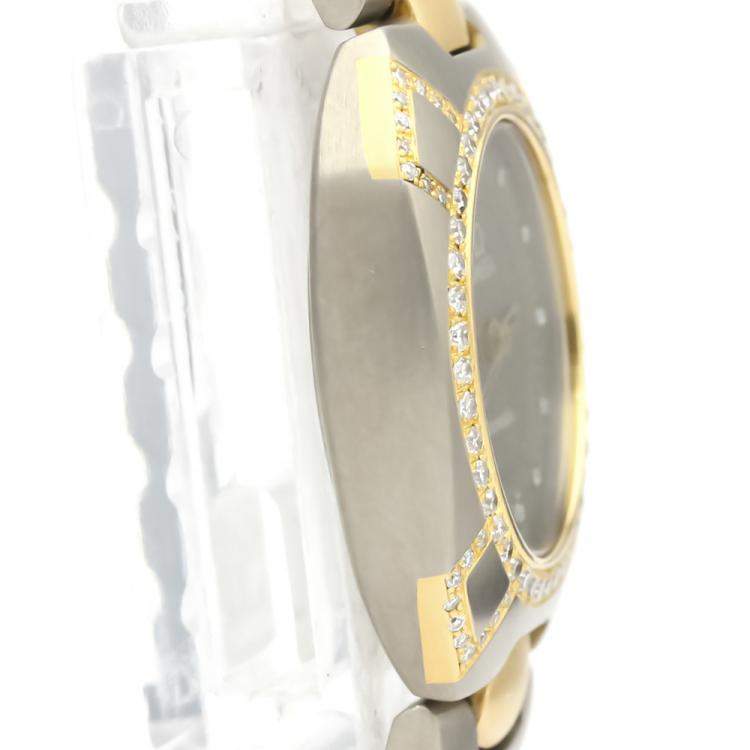 Pre Owned Omega Grey Diamonds 18K Yellow Gold And Titanium Seamaster 895.0845 Quartz Women's Wristwatch 22 MM