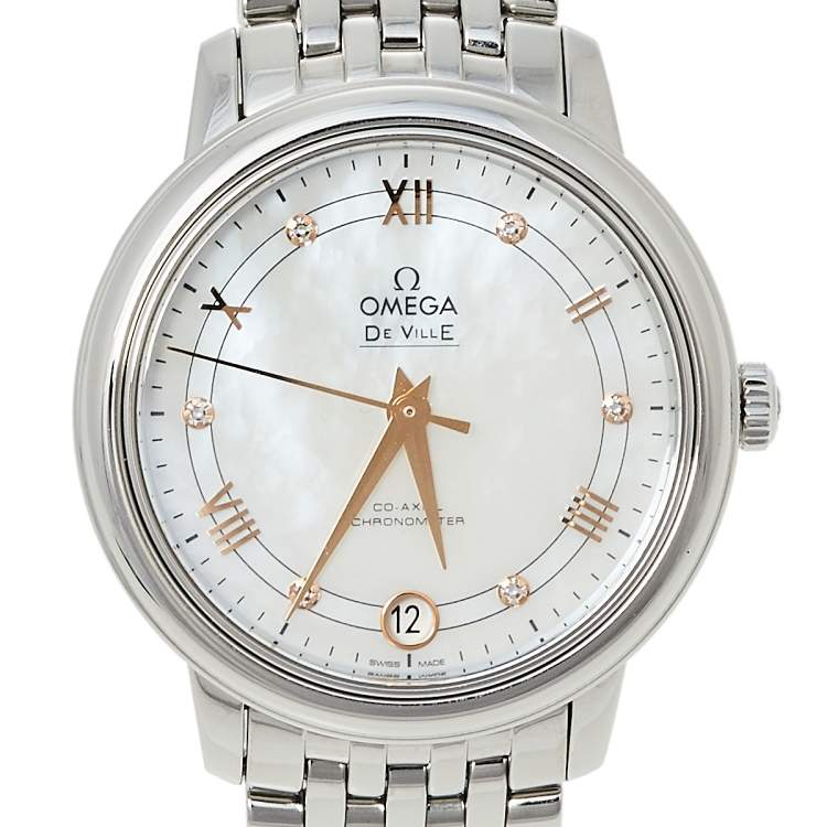 Pre Owned Omega Mother of Pearl Stainless Steel Diamond De Ville Prestige Co-Axial 424.10.33.20.55.002 Women's Wristwatch 32.70 mm