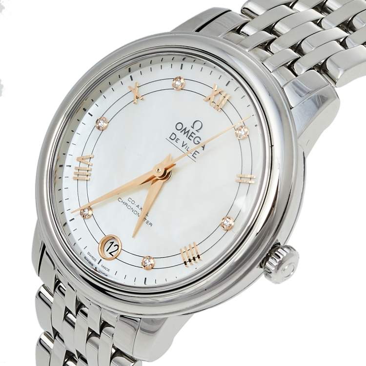 Pre Owned Omega Mother of Pearl Stainless Steel Diamond De Ville Prestige Co-Axial 424.10.33.20.55.002 Women's Wristwatch 32.70 mm