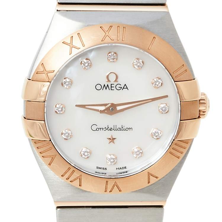 Pre Owned Omega Mother of Pearl 18K Rose Gold & Stainless Steel Diamond Constellation 123.20.24.60.55.001 Women's Wristwatch 24 mm