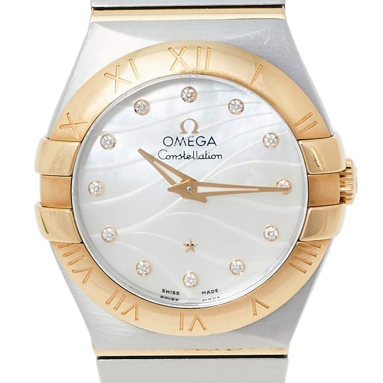 Pre Owned Omega Mother of Pearl 18K Yellow Gold & Stainless Steel Diamond Constellation 123.20.27.60.55.005 Women's Wristwatch 27 mm 