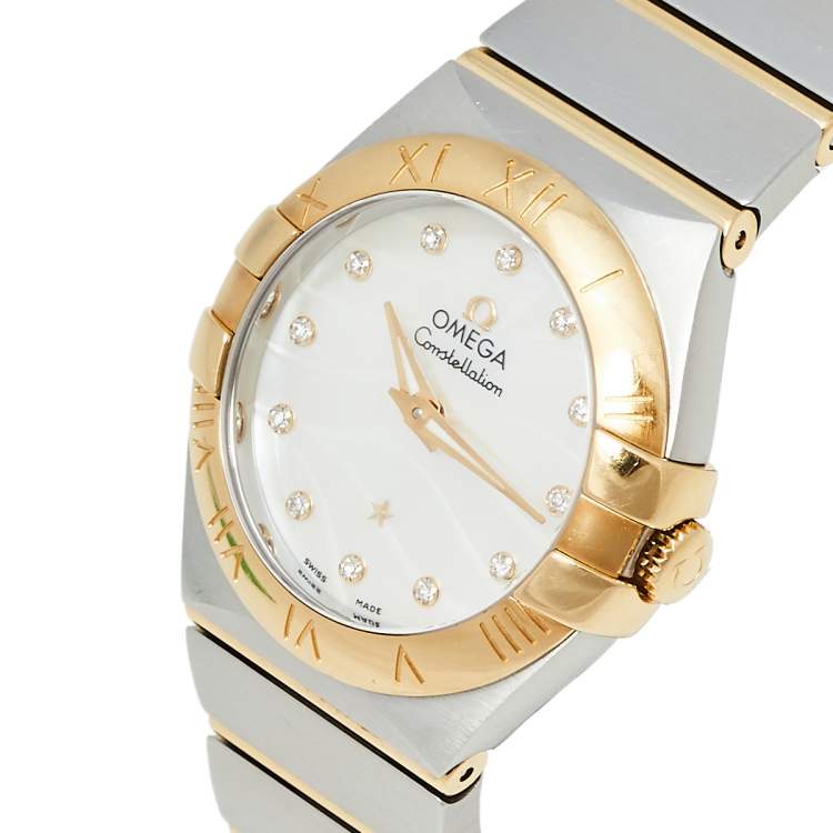 Pre Owned Omega Mother of Pearl 18K Yellow Gold & Stainless Steel Diamond Constellation 123.20.27.60.55.005 Women's Wristwatch 27 mm 