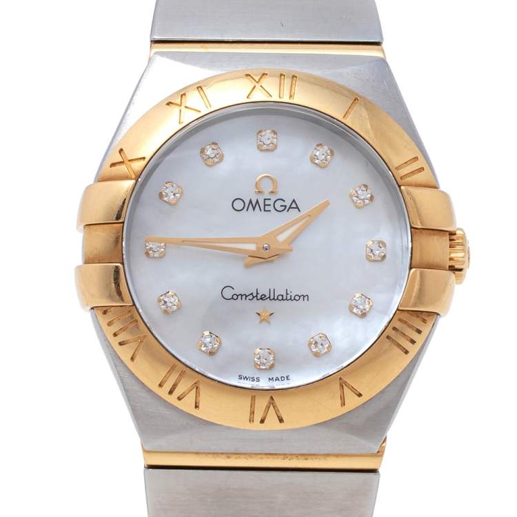 Pre Owned Omega Mother of Pearl 18K Yellow Gold & Stainless Steel Diamond Constellation 123.20.27.60.55.002 Women's Wristwatch 27 mm